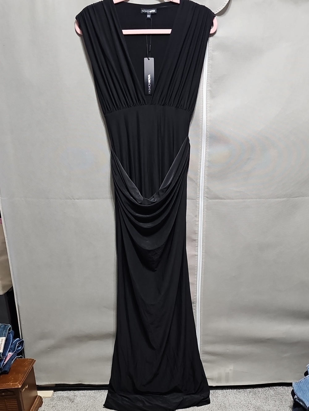 Fashion Nova Black Draped V-Neck Maxi Dress